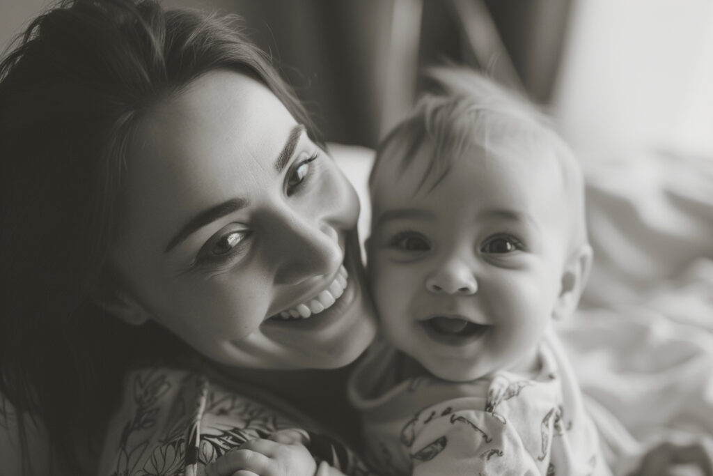 a smiling woman holding her newborn