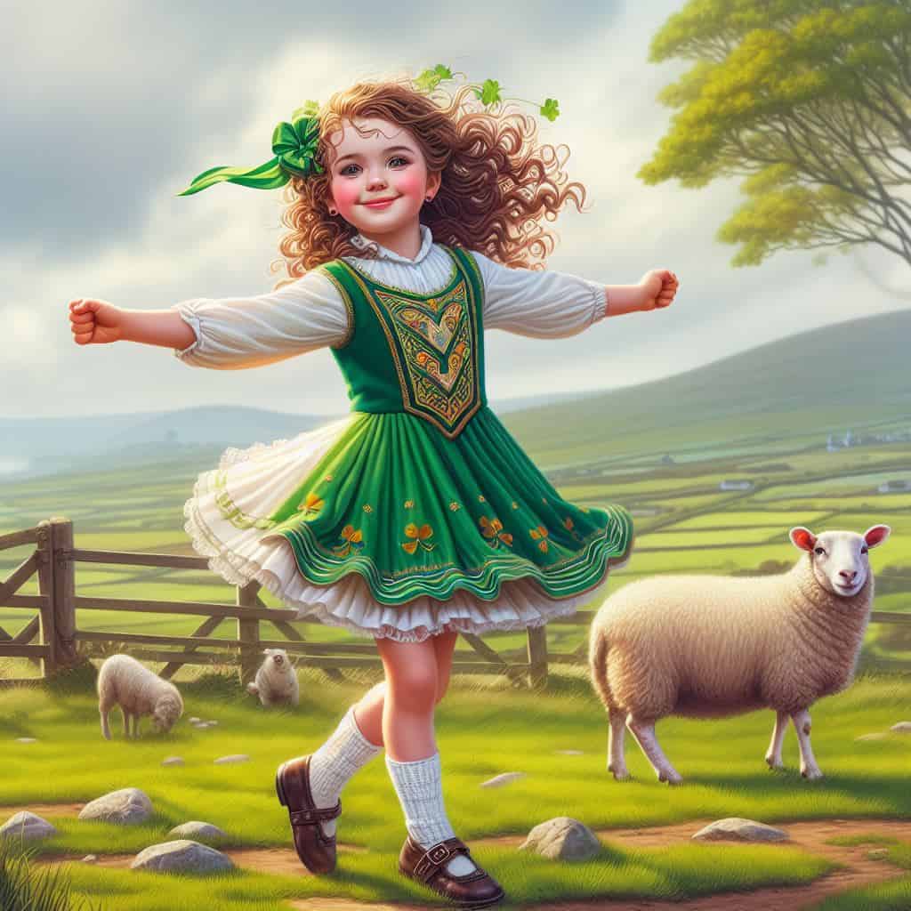 A girl is a traditional Irish dress outside in front of beautiful fields with sheep