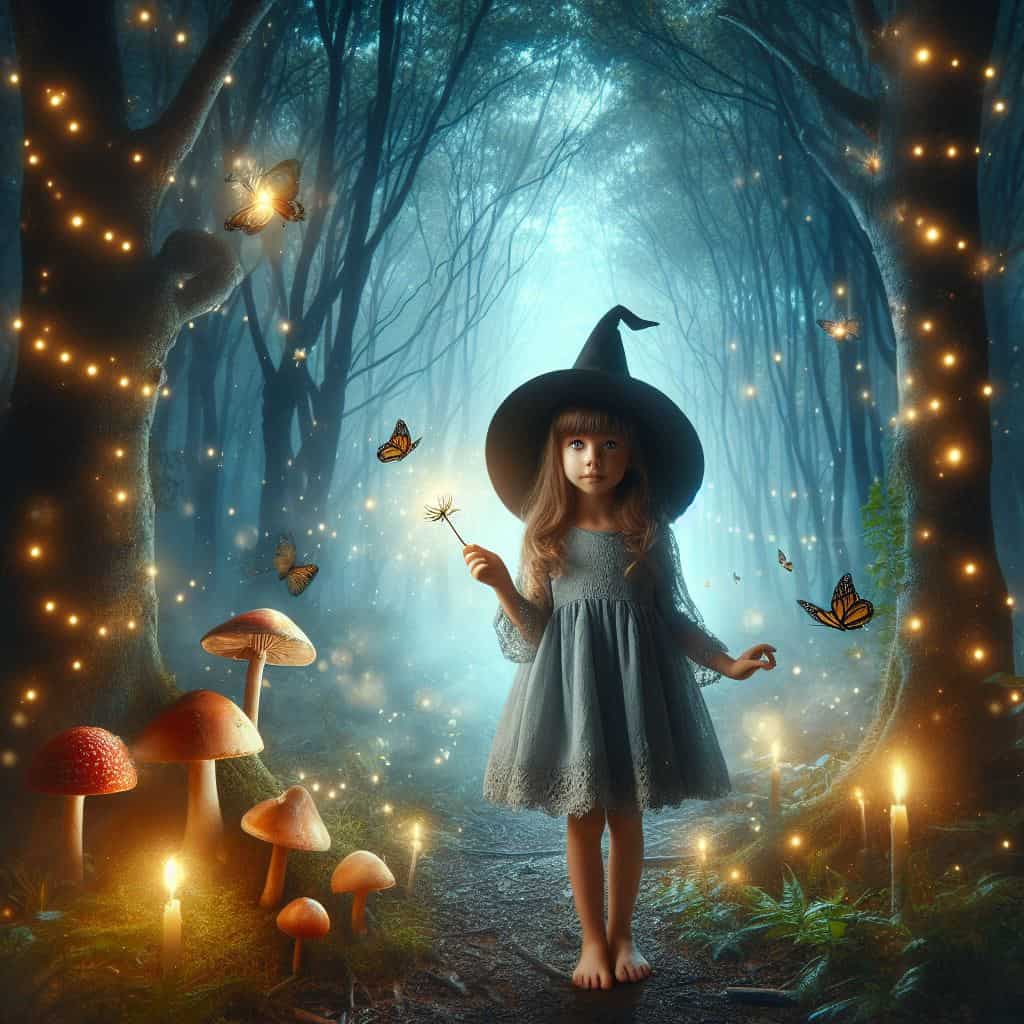 a little girl dressed in a witch hat in a magic forest