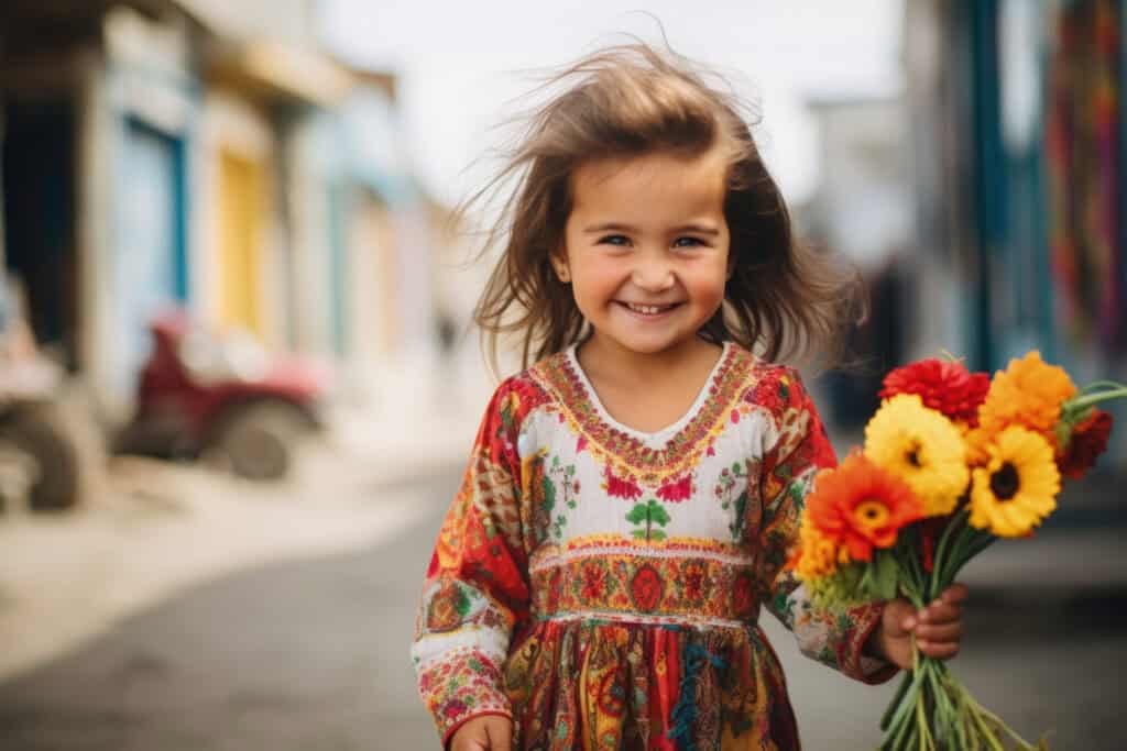 a smiling girl with a bouquet of flowers