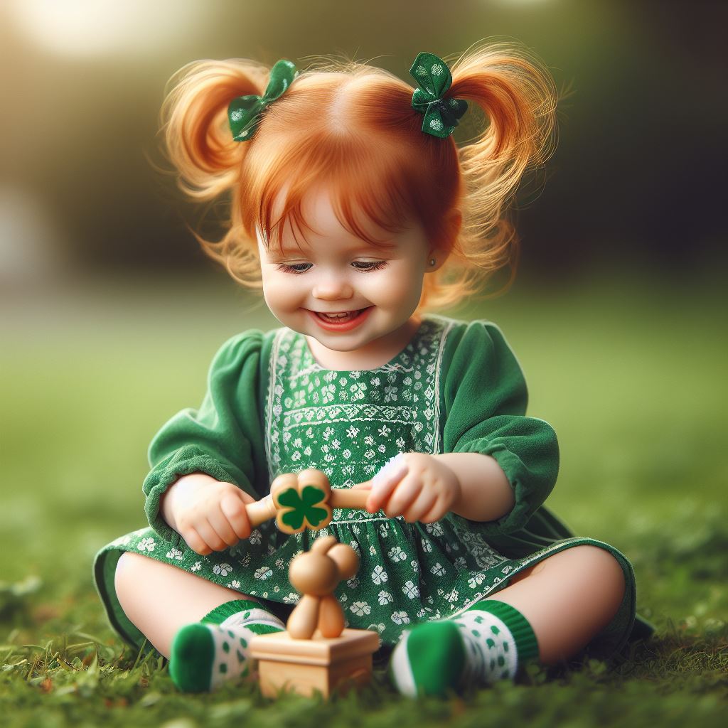 a red-haired Irish girl in a green dress is sitting on the grass