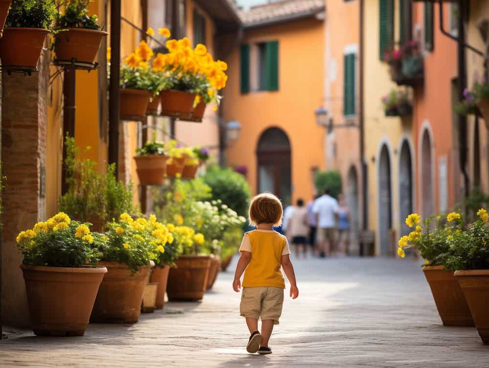 a boy walking the streets in a beautiful town