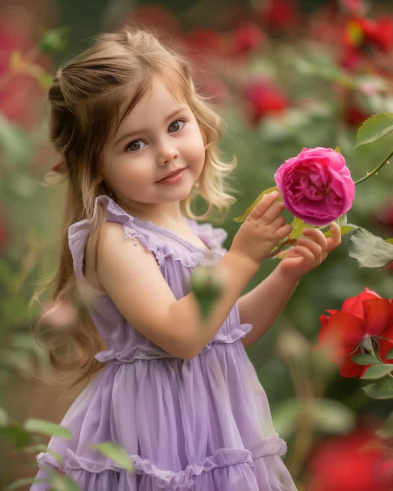 a small girl in a rose garden