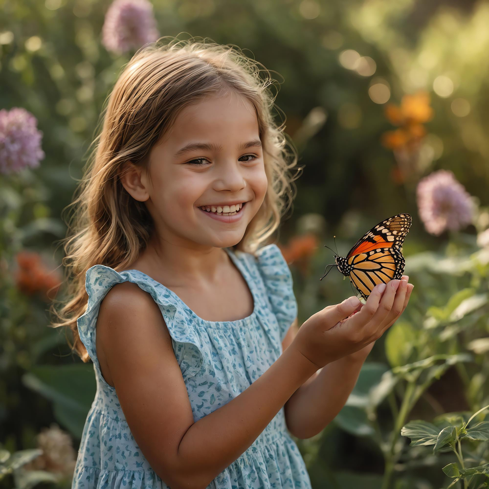 a smiling little girl with a butterfly