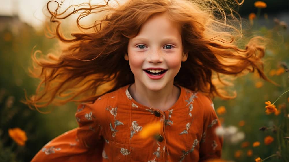 a girl running with her long loose hair