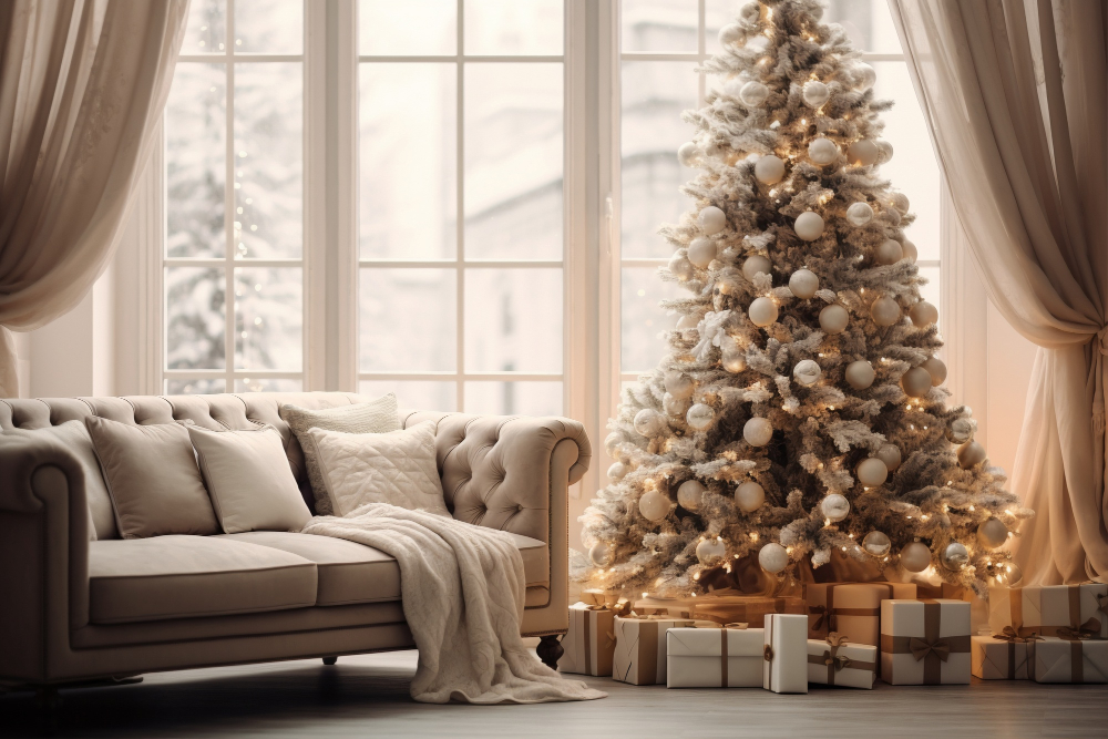 A beautiful room decorated for  Christmas with a Christmas tree