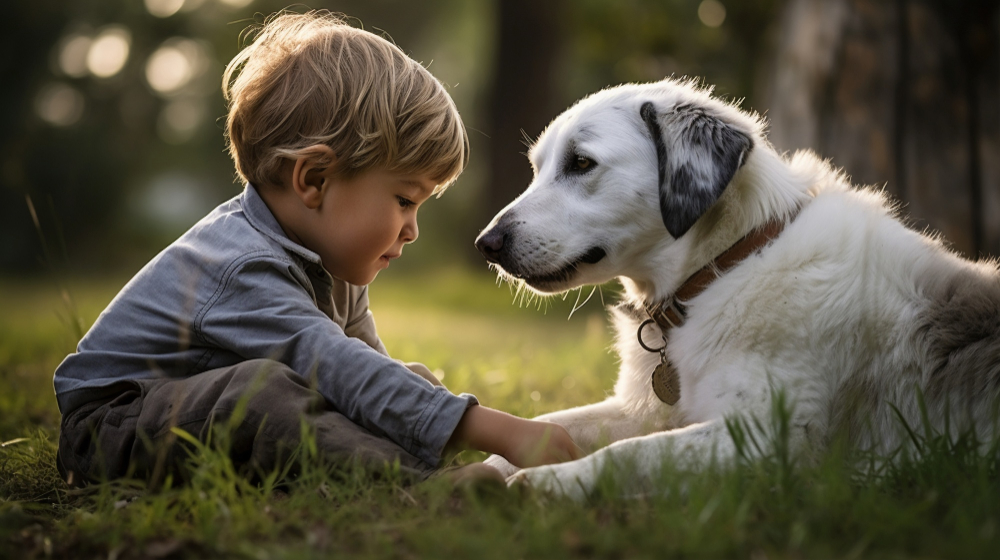 a boy with a dog lying on grass