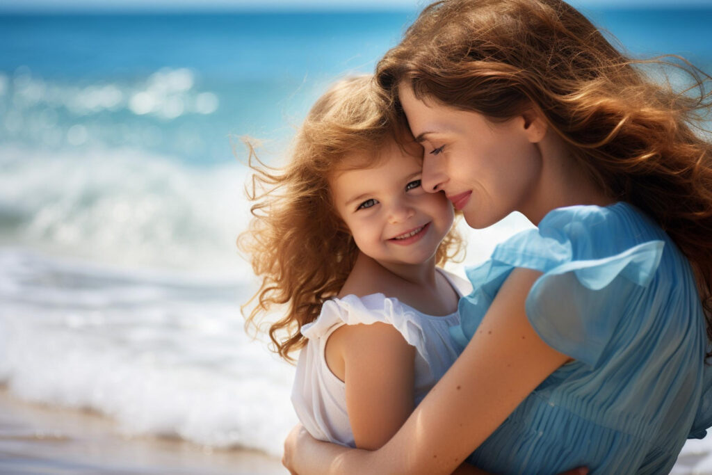 a mother and a daughter hugging by the ocean