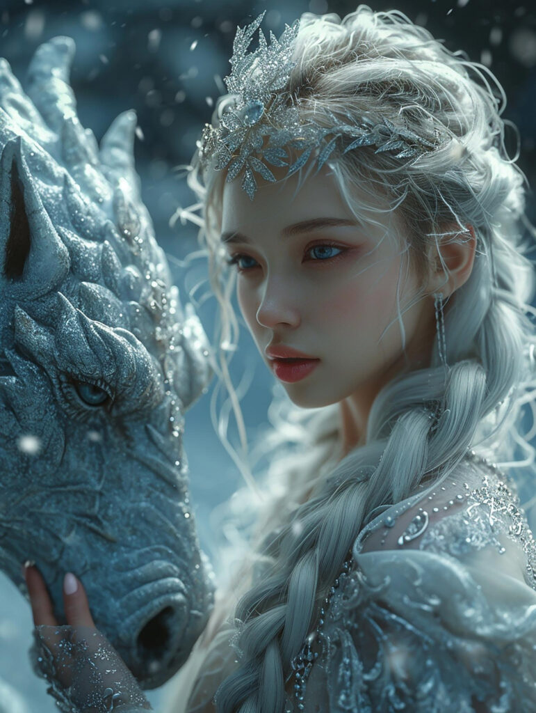 a girl with a dragon covered in snow 