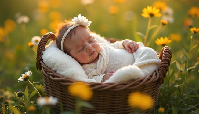 a newborn baby sleeping in a basket among flowers