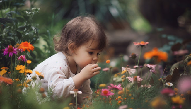 a girl smelling a flower