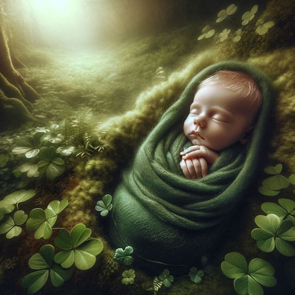 newborn baby wrapped in green blanket lying in Irish forest