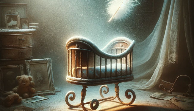 an old baby crib and a feather in an old looking room