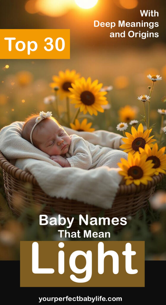 A newborn baby sleeping peacefully in a basket in soft light /Baby names that mean light