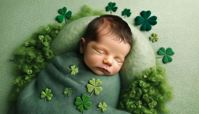 baby in green blanket surrounded by shamrocks