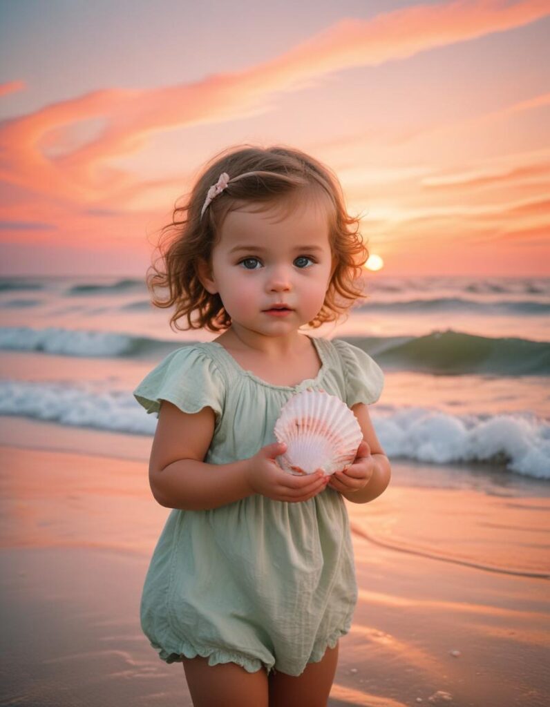 a baby girl holding a shell by the water at sunset