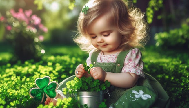 a little girl sitting among clovers