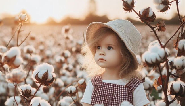 an image of a small girl standing in front of cotton field