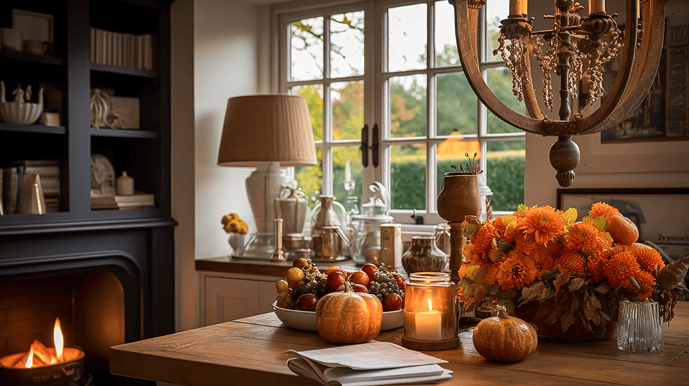 indoor kitchen decorated in fall theme