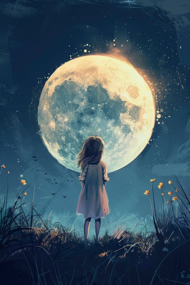 a girl is looking at full moon