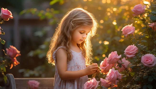 a little girl in a rose garden