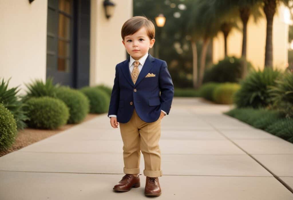 A toddler boy dressed up in a suit in front of a fancy house