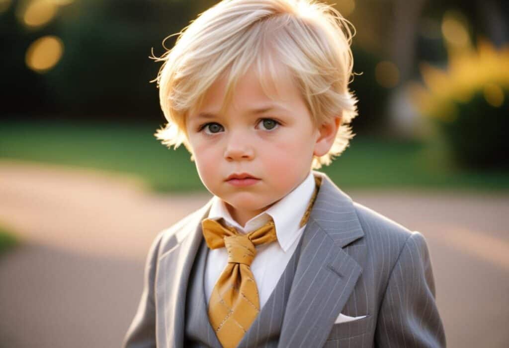 a toddler boy dressed in a suit