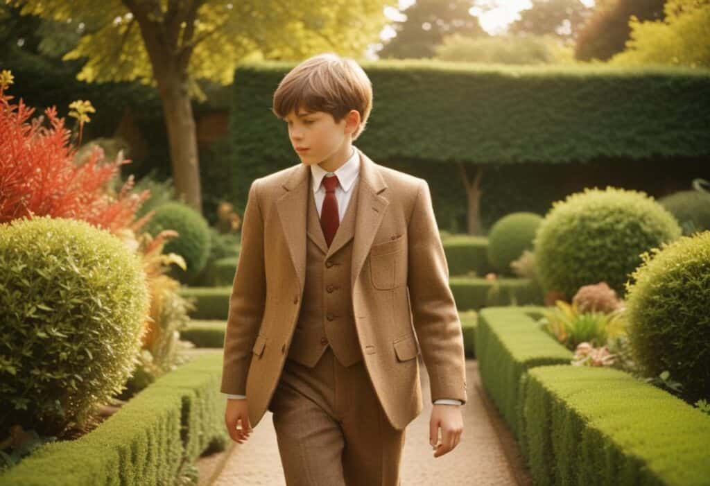 a well dressed boy in a suit walking outside in a fancy garden