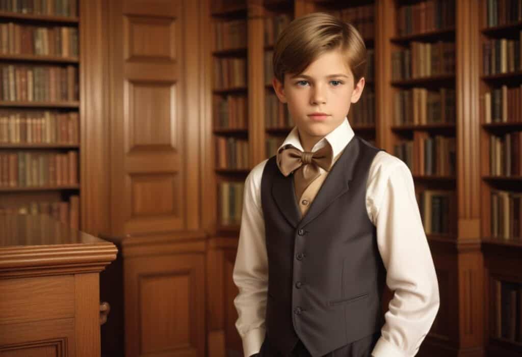 A well-groomed boy in a suit in the library