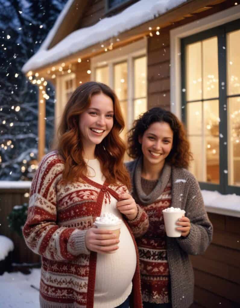 a pregnant lady outside in the snow with a friend drinking hot cacao