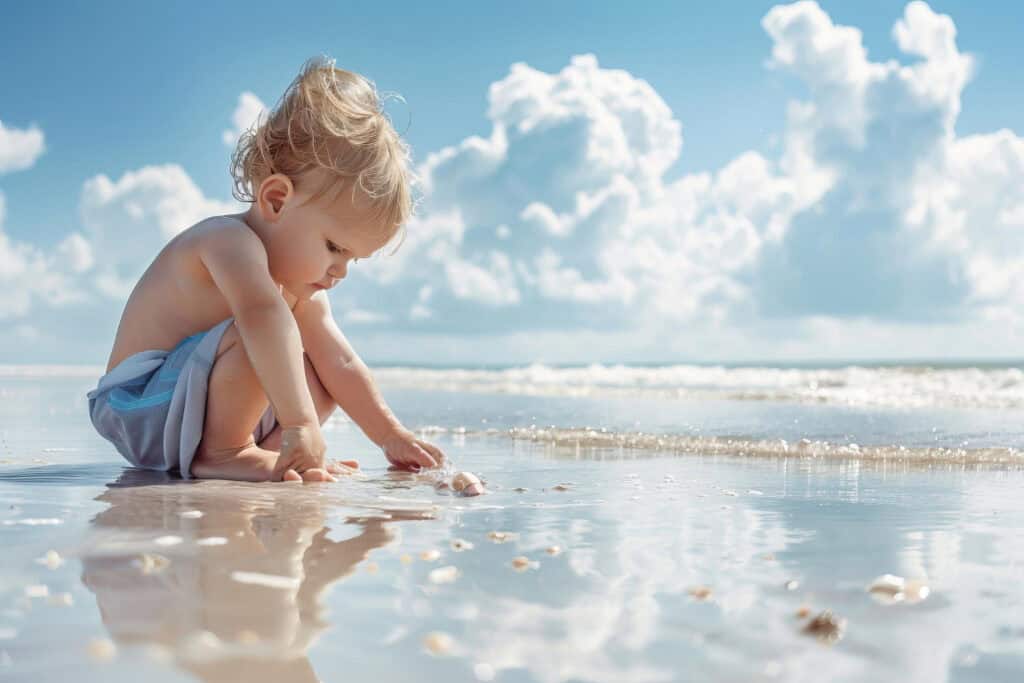 a baby boy playing by the ocean