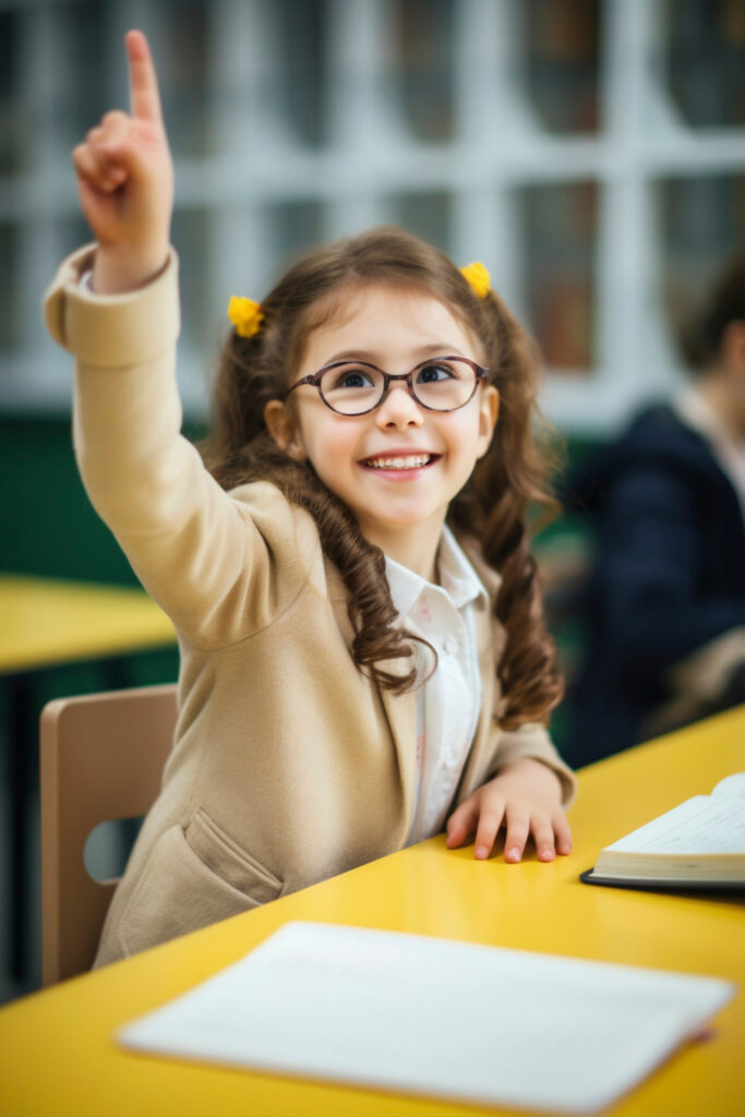 a smart little girl in a classroom with her hand raised