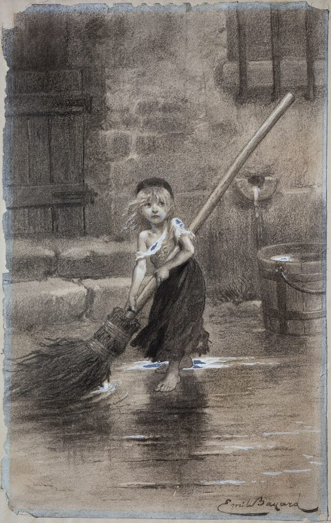 Young Cosette sweeping: 1862 drawing for Victor Hugo's Les Miserables. 