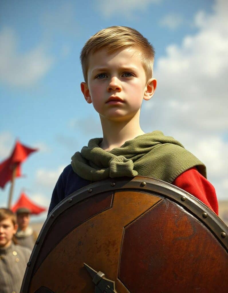 a-portrait-of-a-serious-young-white-boy-holding-a-shield