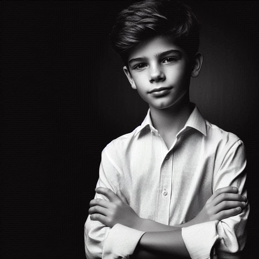 a boy standing confidently with arms crossed