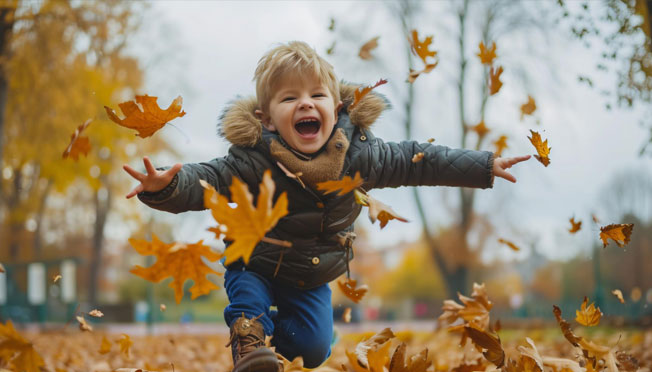 boy jumping into fall leaves