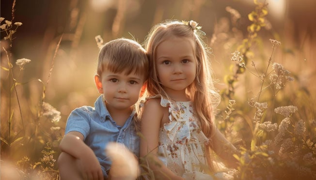 a boy and a girl in a field of grass