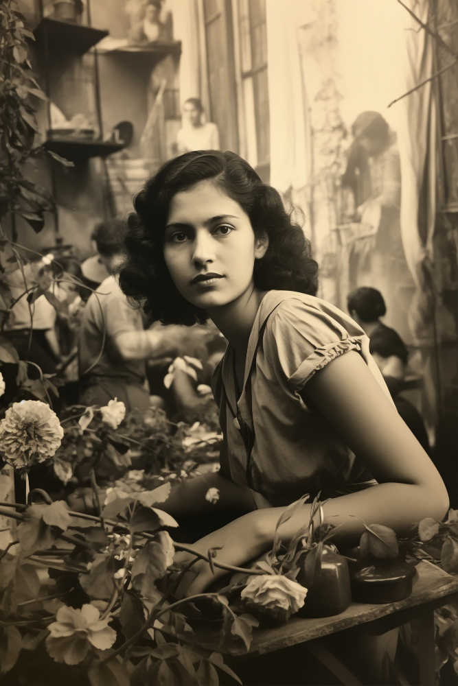 a vintage portrait of young lade among flowers