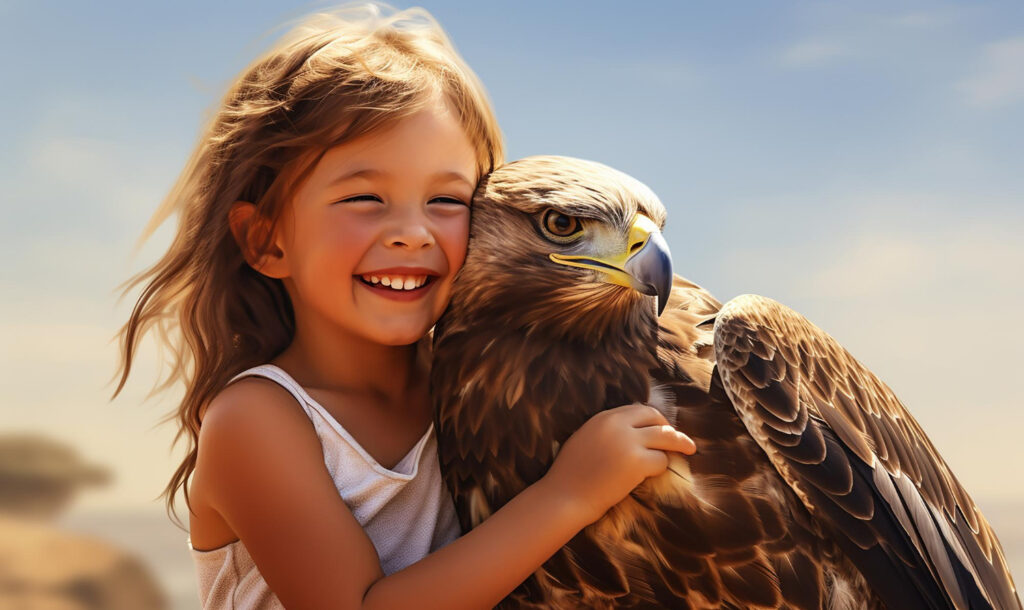 A girl holding an eagle