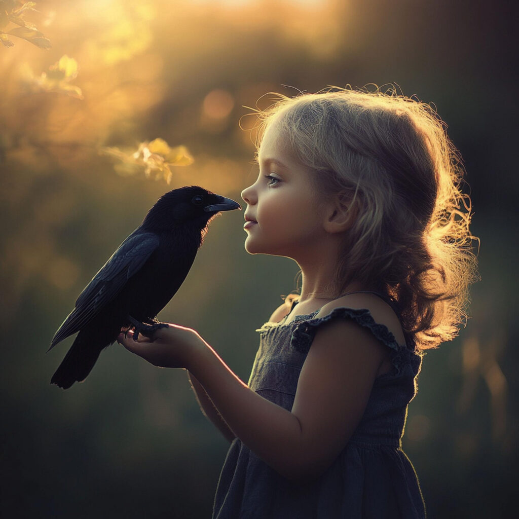 A girl holding an raven