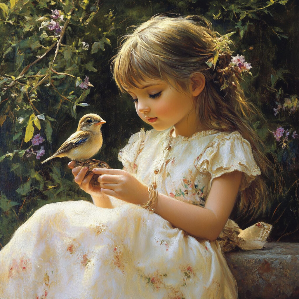 a girl with a small bird in her hands