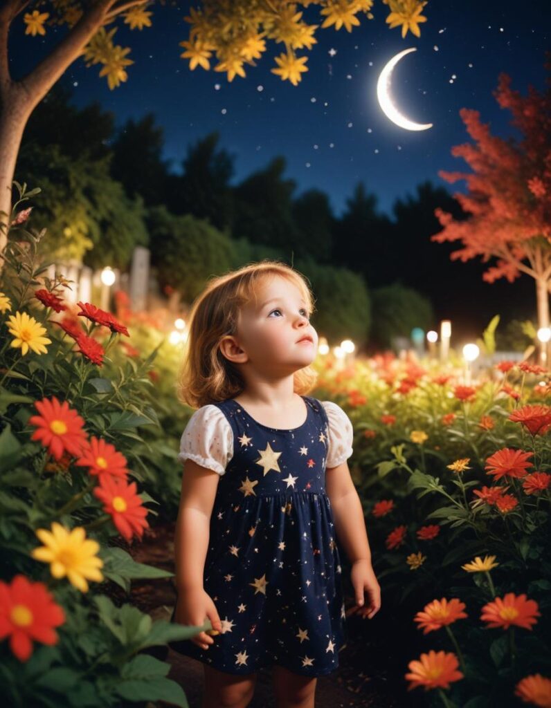 a small girl is looking up at the moon and stars