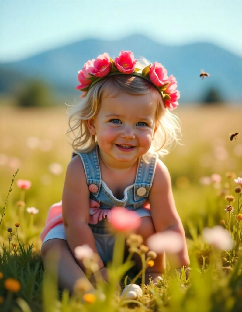 a toddler girl with flowers band in a field