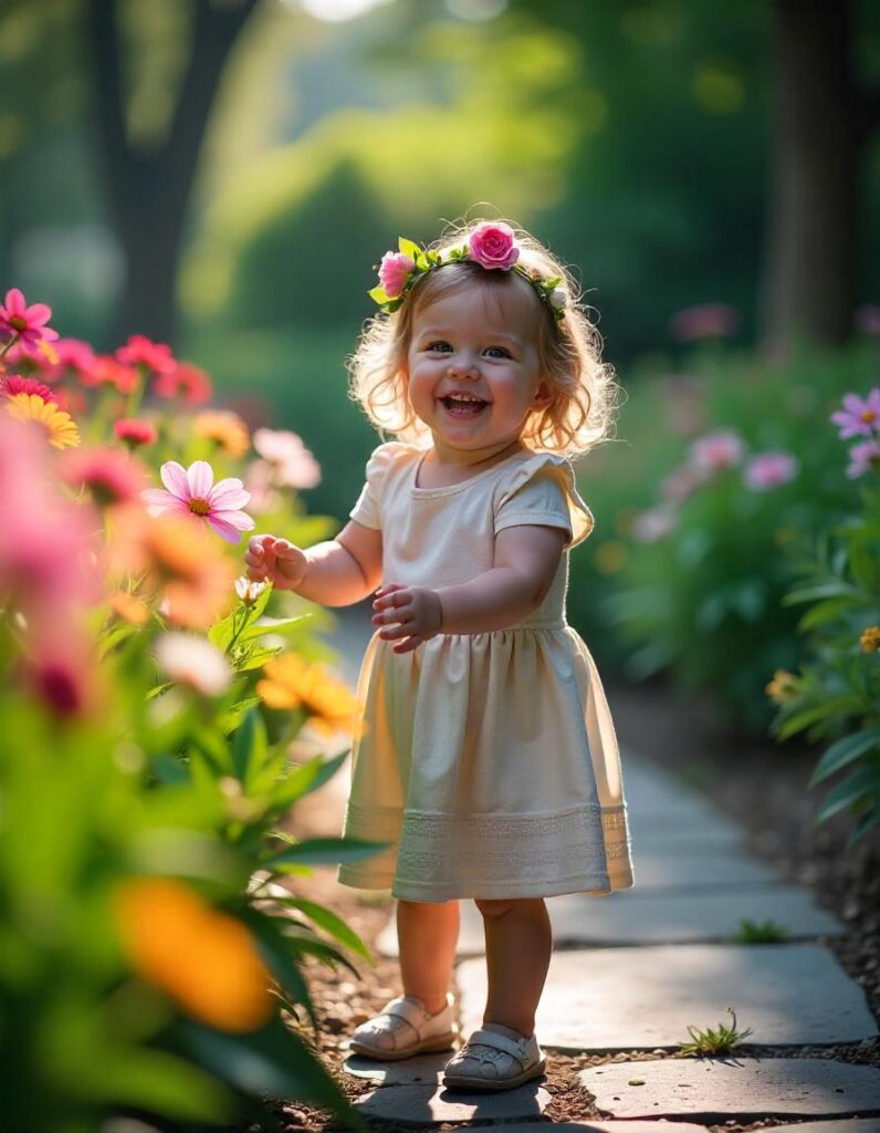 a small toddler girl laughing standing next to the flower garden