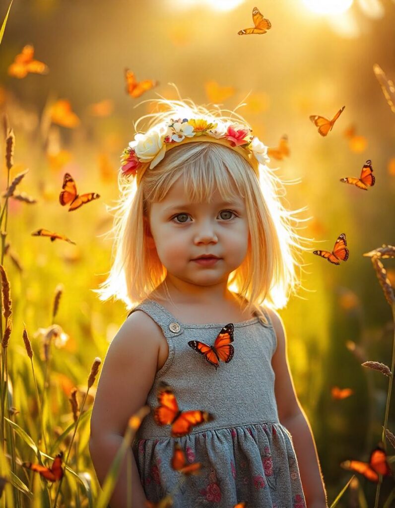 a blond girl in a toll grass among butterflies