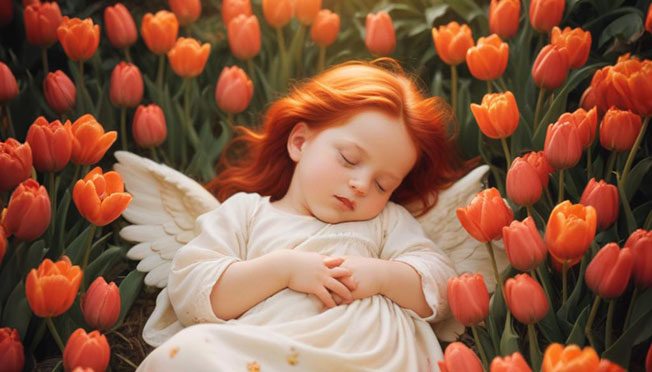 an angel with red hair sleeping peacefully among red tulips