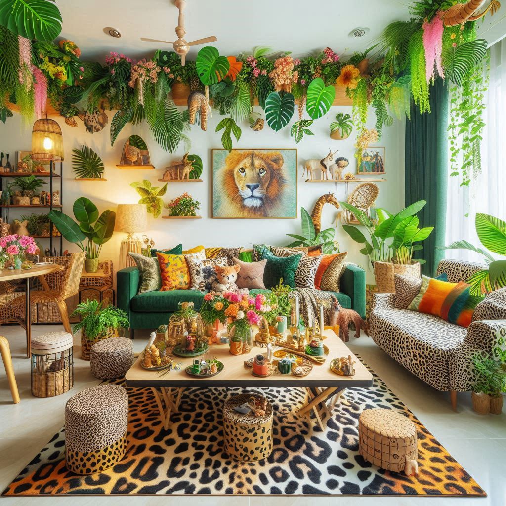 a jungle-themed living room