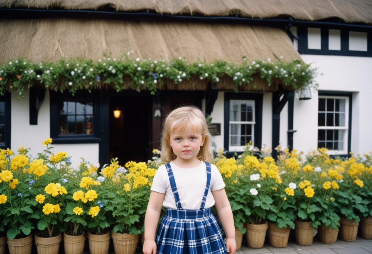 an Irish girl standing in front of a cottage