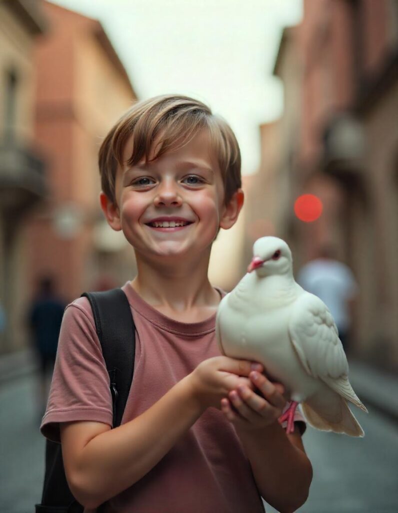 a boy with a dove in the city