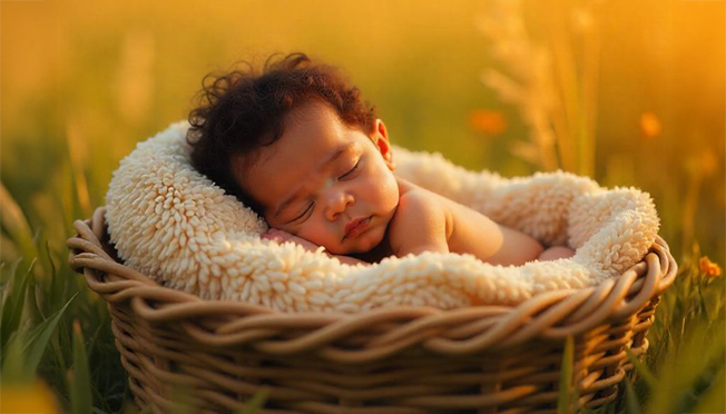 a newborn baby boy sleeping peacefully in a basket in warm light